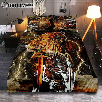 Knight Kneel In Front Of Lion Jesus Christ Warrior Quilt Bedding Set Bedroom - Christian Home Decor - Religious Art
