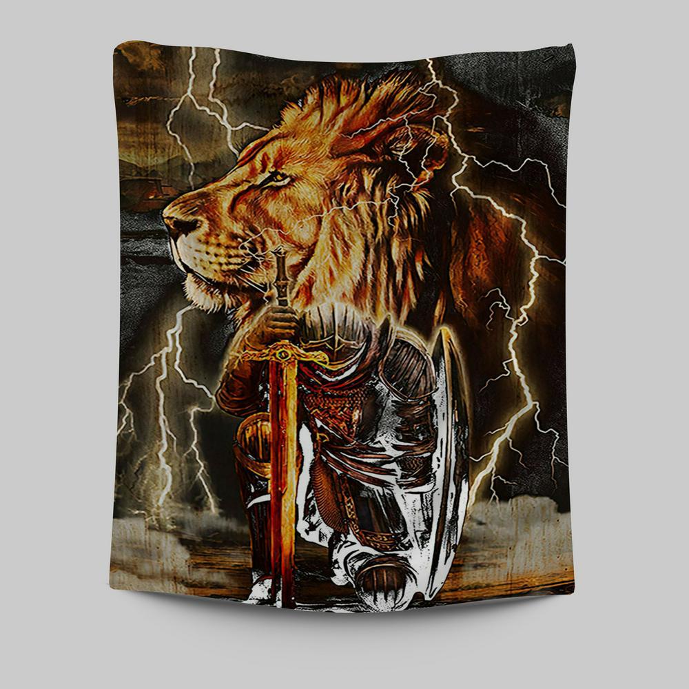Knight Kneel In Front Of Lion Jesus Christ Warrior Tapestry Wall Art -  Christian Indoor Wall Tapestries - Religious Art