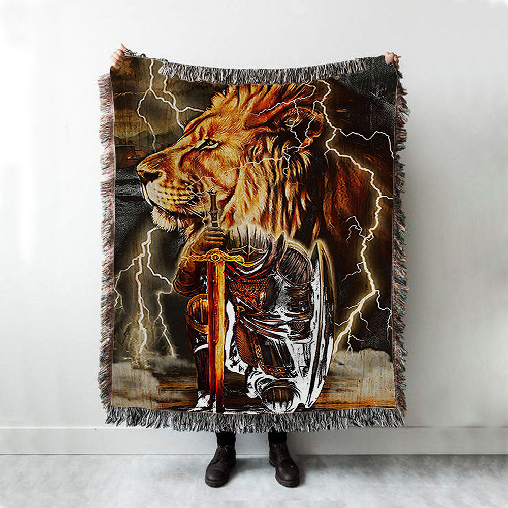 Knight Kneel In Front Of Lion Jesus Christ Warrior Woven Throw Blanket - Christian Home Decor - Religious Art