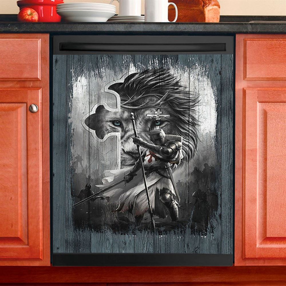 Knight Lion Of Judah And The Cross Dishwasher Cover, Lion Dishwasher Wrap, Christian Kitchen Decoration