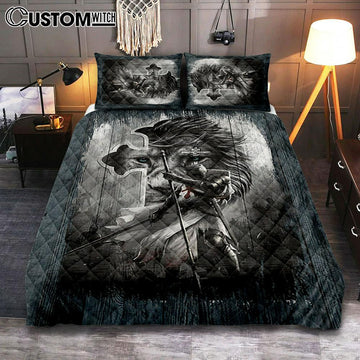 Knight Lion Of Judah And The Cross Quilt Bedding Set - Lion Quilt Bedding Set Print - Christian Bedroom - Religious Home Decor