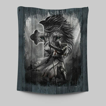 Knight Lion Of Judah And The Cross Tapestry - Lion Tapestry Print - Christian Wall Art - Religious Home Decor