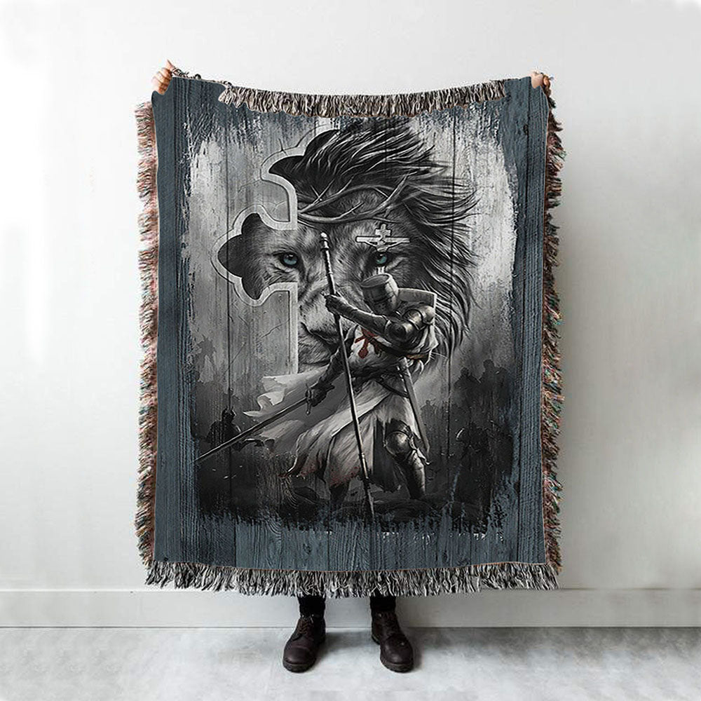 Knight Lion Of Judah And The Cross Woven Blanket - Lion Woven Blanket Print - Christian Throw Blanket - Religious Home Decor
