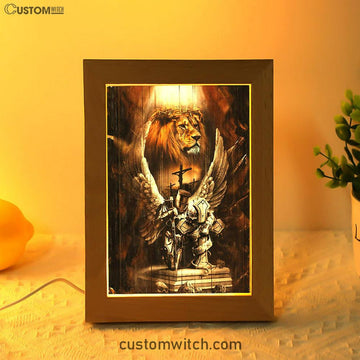 Knight Lion Of Judah Jesus On The Cross Frame Lamp - Lion Frame Lamp Print - Christian Art - Religious Home Decor
