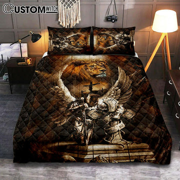 Knight Lion Of Judah Jesus On The Cross Quilt Bedding Set - Lion Quilt Bedding Set Print - Christian Bedroom - Religious Home Decor