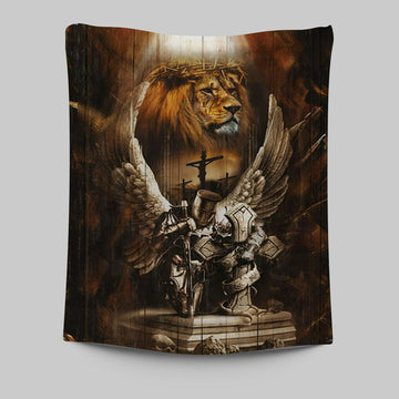 Knight Lion Of Judah Jesus On The Cross Tapestry - Lion Tapestry Print - Christian Wall Art - Religious Home Decor