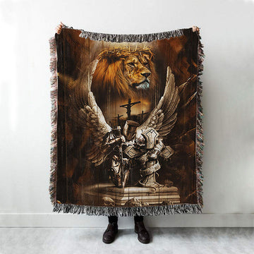 Knight Lion Of Judah Jesus On The Cross Woven Blanket - Lion Woven Blanket Print - Christian Throw Blanket - Religious Home Decor