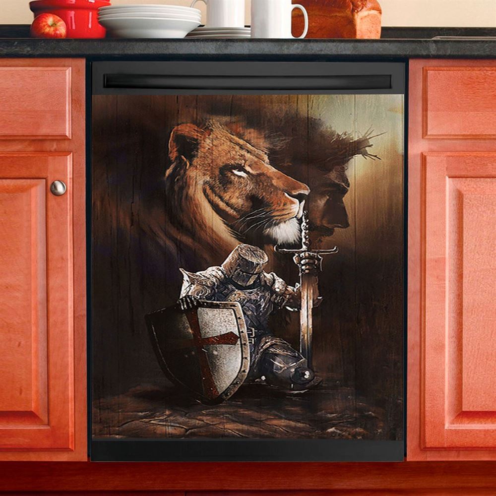 Knight Of God Lion Of Judah Serving The Lord Dishwasher Cover, Lion Dishwasher Wrap, Christian Kitchen Decoration