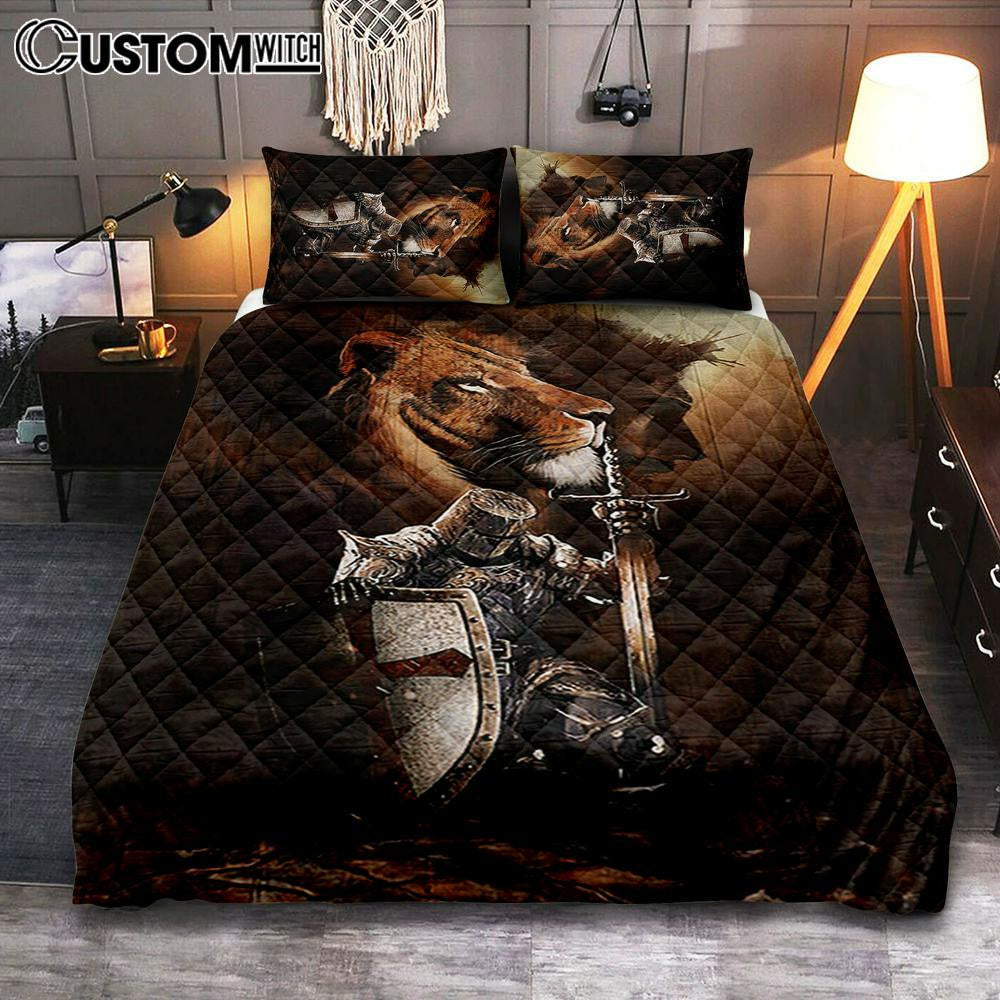 Knight Of God Lion Of Judah Serving The Lord Quilt Bedding Set - Lion Quilt Bedding Set Print - Christian Bedroom - Religious Home Decor