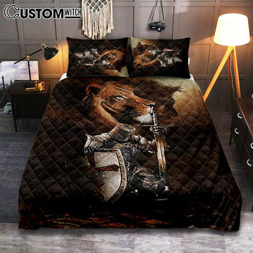Knight Of God Lion Of Judah Serving The Lord Quilt Bedding Set - Lion Quilt Bedding Set Print - Christian Bedroom - Religious Home Decor