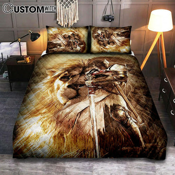 Knight Of God The Lion Of Judah Quilt Bedding Set - Christian Bedroom - Religious Home Decor