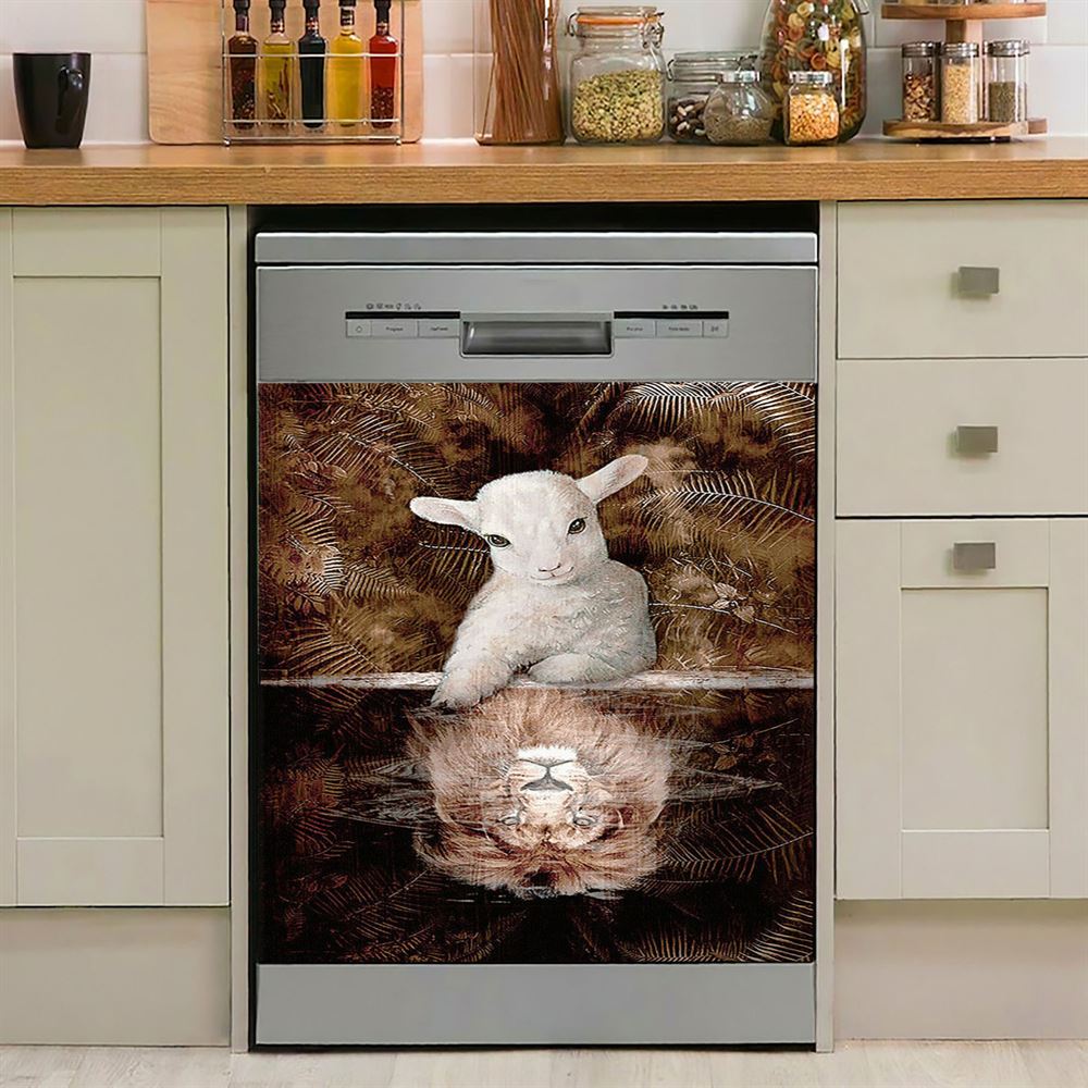 Lamb And Lion King Of Jesus Dishwasher Cover, Christian Dishwasher Wrap, Bible Verse Kitchen Decoration