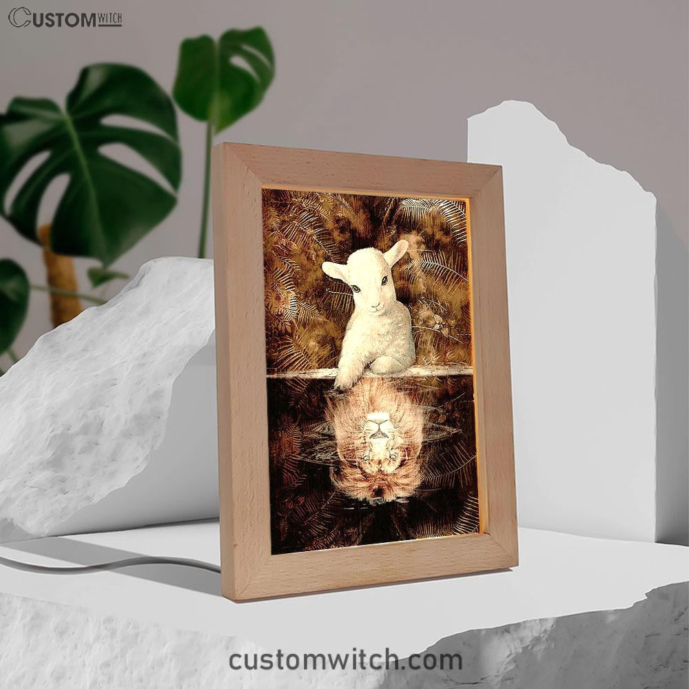 Lamb And Lion King Of Jesus Frame Lamp Art - Christian Night Light - Bible Verse Wooden Lamp