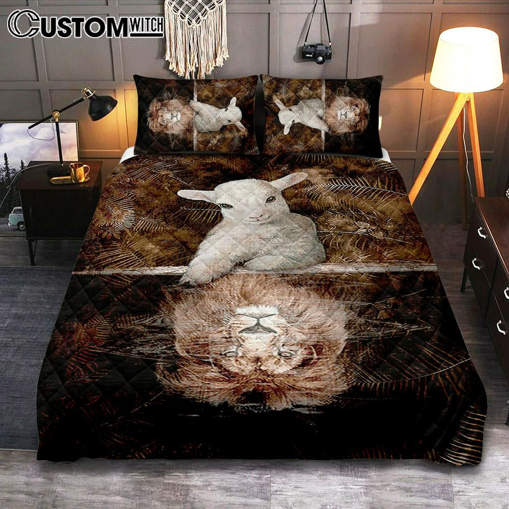 Lamb And Lion King Of Jesus Quilt Bedding Set Bedroom - Christian Quilt Bedding Set Prints - Bible Verse Quilt Bedding Set Art