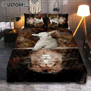 Lamb And Lion King Of Jesus Quilt Bedding Set Bedroom - Christian Quilt Bedding Set Prints - Bible Verse Quilt Bedding Set Art