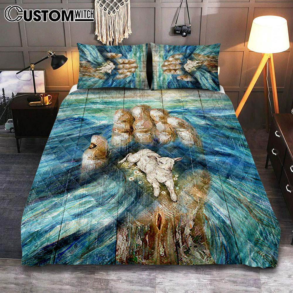 Lamb In God&#39;s Hand Quilt Bedding Set Bedroom - Bible Verse Quilt Bedding Set Art - Christian Home Decor