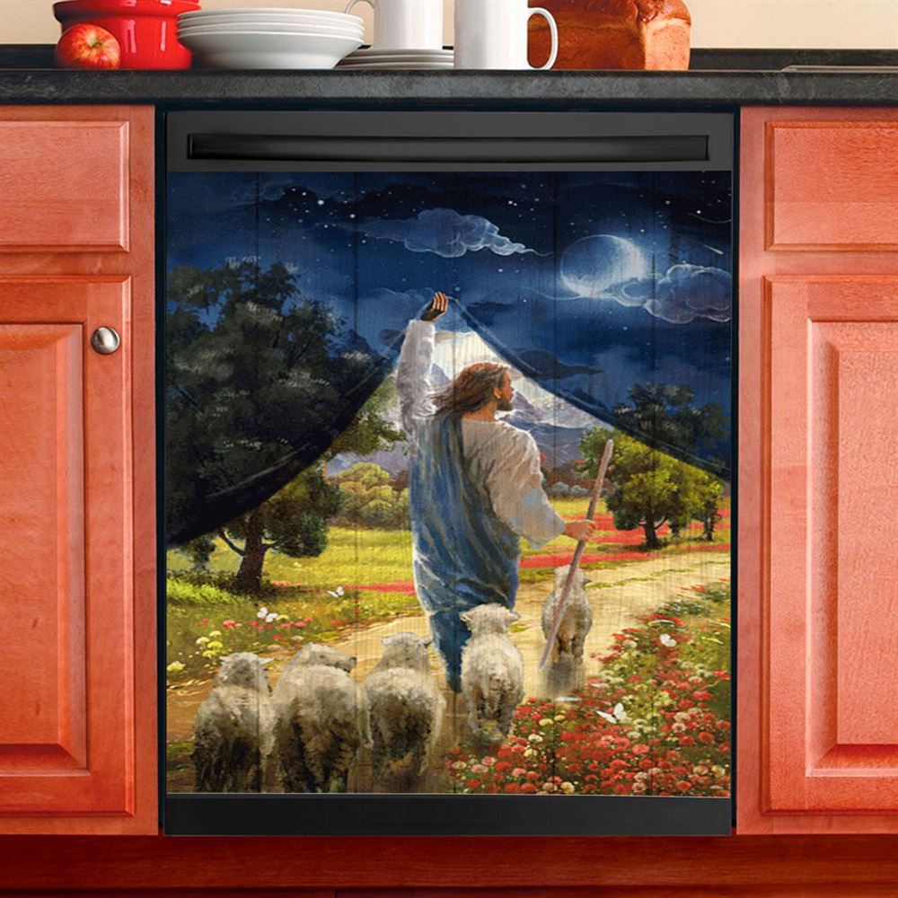 Lamb Of God Flower Field Jesus The Good Shepherd Dishwasher Cover, Lion Dishwasher Wrap, Christian Kitchen Decoration