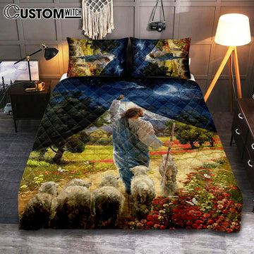 Lamb Of God Flower Field Jesus The Good Shepherd Quilt Bedding Set - Lion Quilt Bedding Set Print - Christian Bedroom - Religious Home Decor