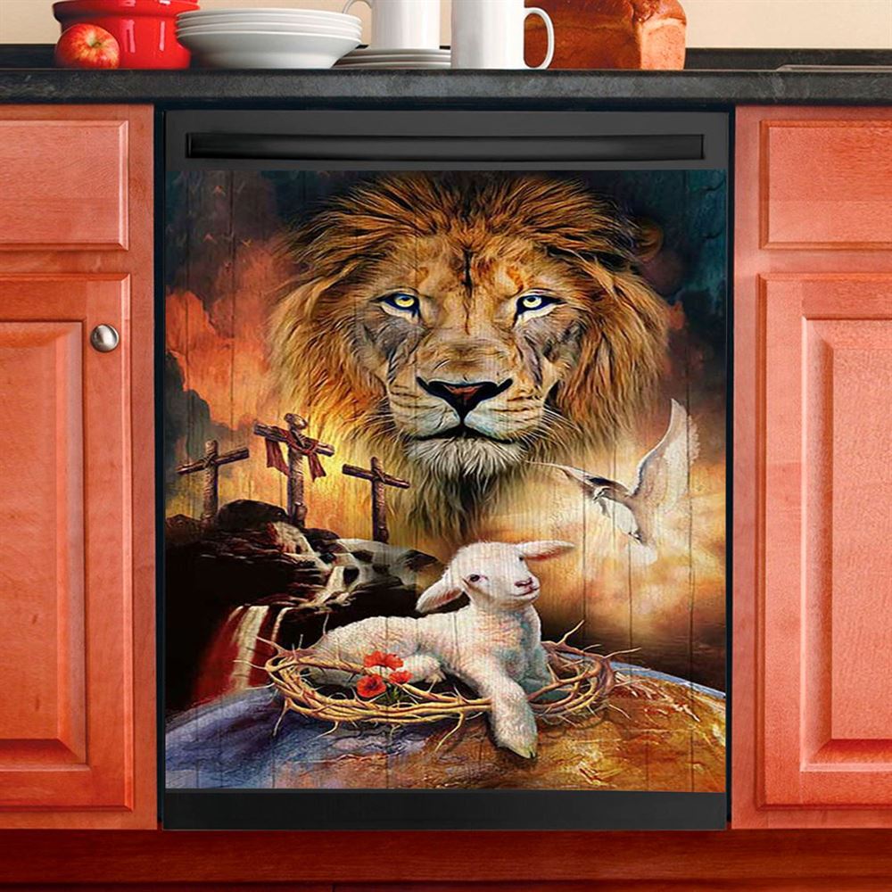 Lamb Of God Holy Spirit Dove Lion Of Judah Dishwasher Cover, Lion Dishwasher Wrap, Christian Kitchen Decoration