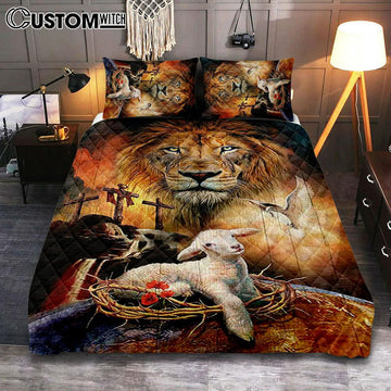 Lamb Of God Holy Spirit Dove Lion Of Judah Quilt Bedding Set - Lion Quilt Bedding Set Print - Christian Bedroom - Religious Home Decor
