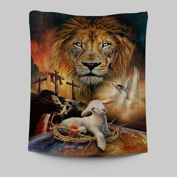 Lamb Of God Holy Spirit Dove Lion Of Judah Tapestry - Lion Tapestry Print - Christian Wall Art - Religious Home Decor
