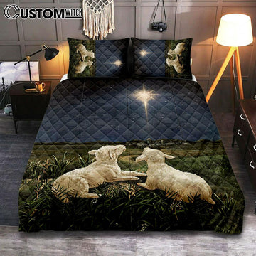 Lambs Look At The Light Star Of Bethlehem Quilt Bedding Set - Lion Quilt Bedding Set Print - Christian Bedroom - Religious Home Decor
