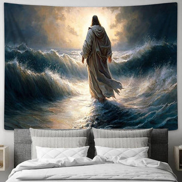 Large Jesus Walking On Water Tapestry - Jesus Christ Picture - Christian Home Decor