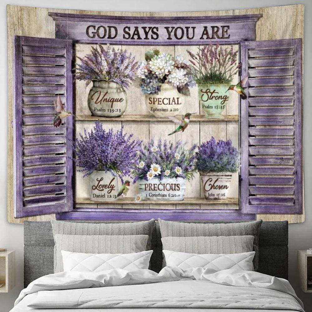 Lavender Vase, Hummingbird, Purple Window, God Says You Are Tapestry, Tapestries for Living Room Bedroom