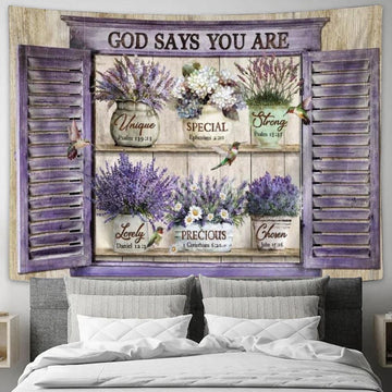 Lavender Vase, Hummingbird, Purple Window, God Says You Are Tapestry, Tapestries for Living Room Bedroom
