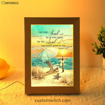 Let My Soul Be At Rest Again Blue Ocean Sunset Wooden Cross Frame Lamp Art - Bible Verse Wooden Lamp - Christian Home Decor