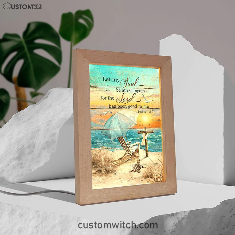 Let My Soul Be At Rest Again Blue Ocean Sunset Wooden Cross Frame Lamp Art - Bible Verse Wooden Lamp - Christian Home Decor