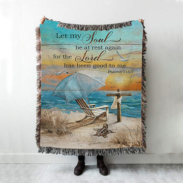 Let My Soul Be At Rest Again Blue Ocean Sunset Wooden Cross Woven Throw Blanket - Bible Verse Woven Blanket Art - Christian Home Decor