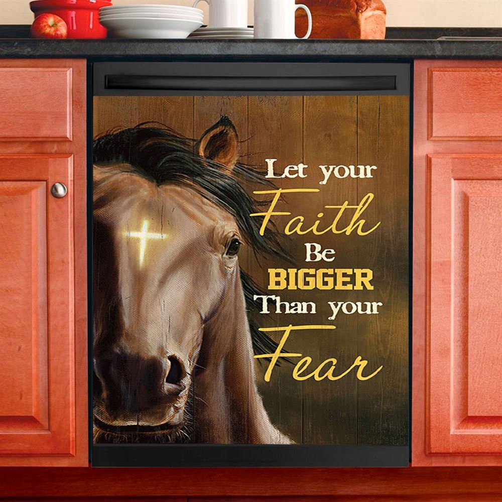 Let Your Faith Be Bigger Than Your Fear Face Of Horse Cross Dishwasher Cover, Lion Dishwasher Wrap, Christian Kitchen Decoration