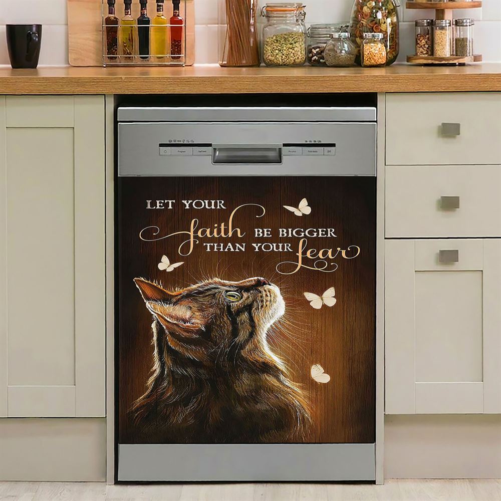 Let Your Faith Tabby Cat White Butterfly Dishwasher Cover, Christian Dishwasher Wrap, Gift For Cat Lover