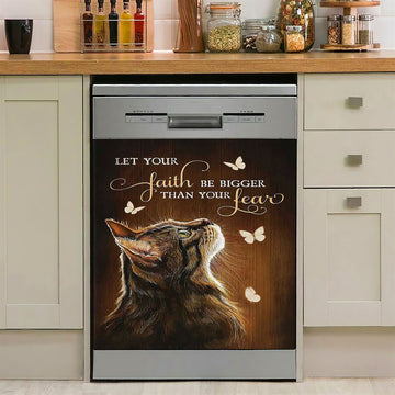 Let Your Faith Tabby Cat White Butterfly Dishwasher Cover, Christian Dishwasher Wrap, Gift For Cat Lover