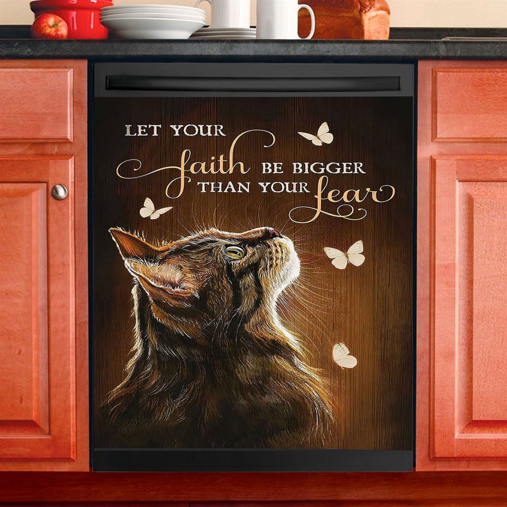 Let Your Faith Tabby Cat White Butterfly Dishwasher Cover, Christian Dishwasher Wrap, Gift For Cat Lover