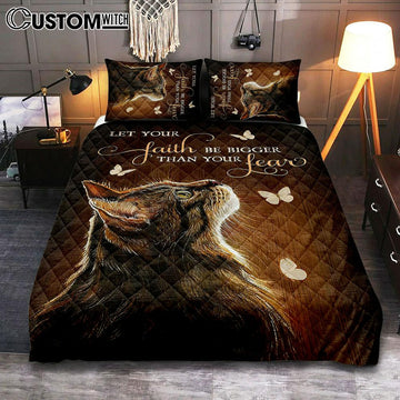 Let Your Faith Tabby Cat White Butterfly Quilt Bedding Set Art - Christian Bedroom Decor - Gift For Cat Lover