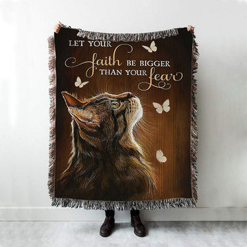Let Your Faith Tabby Cat White Butterfly Woven Blanket Art - Christian Throw Blanket Decor - Gift For Cat Lover