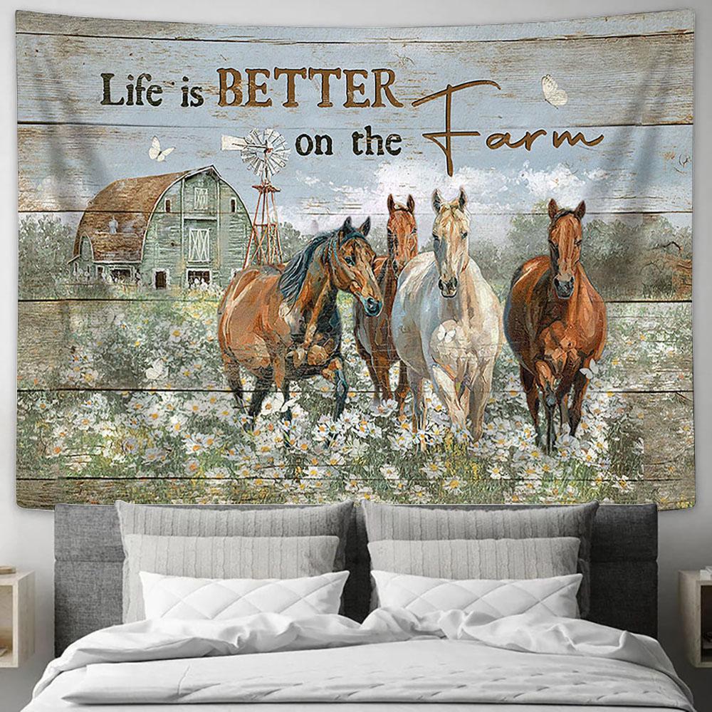 Life Is Better On The Farm Running Horse Daisy Field Wall Art Tapestry - Christian Wall Decor - Gifts For Horse Lovers