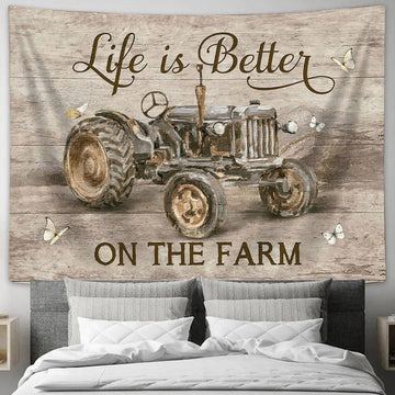 Life Is Better On The Farm Tractor White Butterfly Tapestry Art - Bible Verse Wall Art - Wall Decor Christian