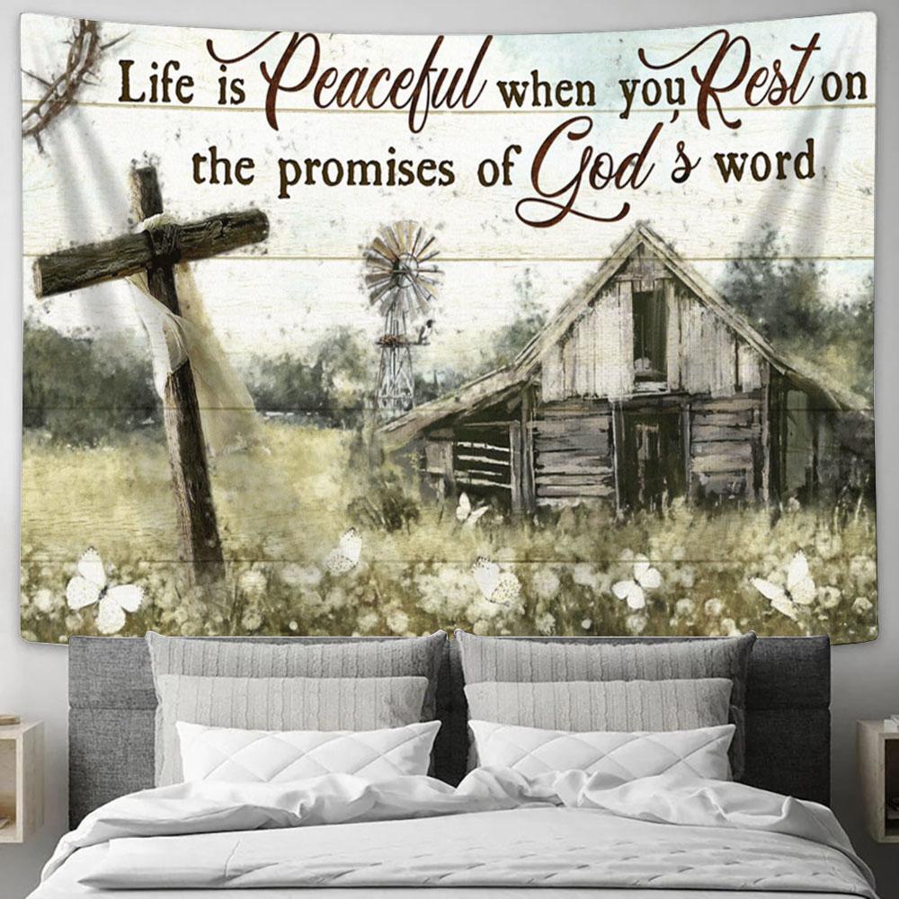 Life Is Peaceful When You Rest On The Promises Of God&#39;s Word Flower Garden Large Tapestry - Religious Tapestry Art