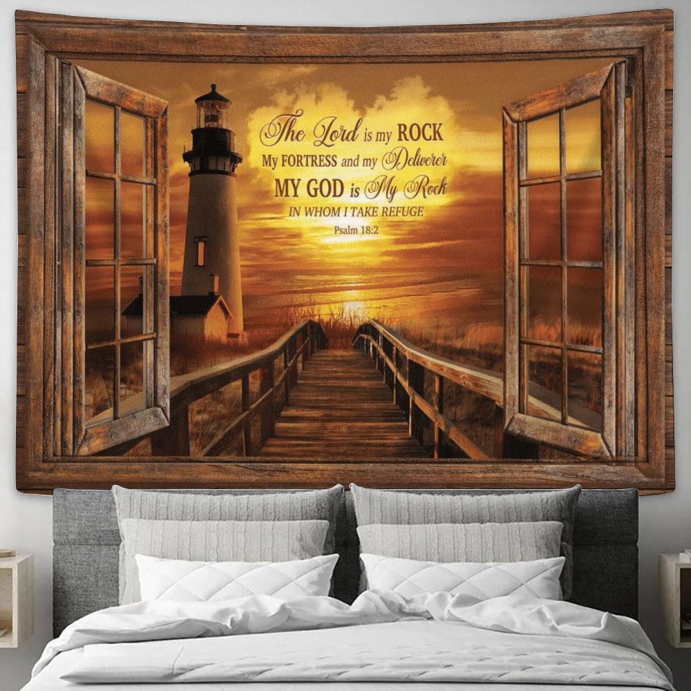 Light House Sunset Painting My God Is My Rock In Whom I Take Refuge Tapestry, Tapestries for Living Room Bedroom