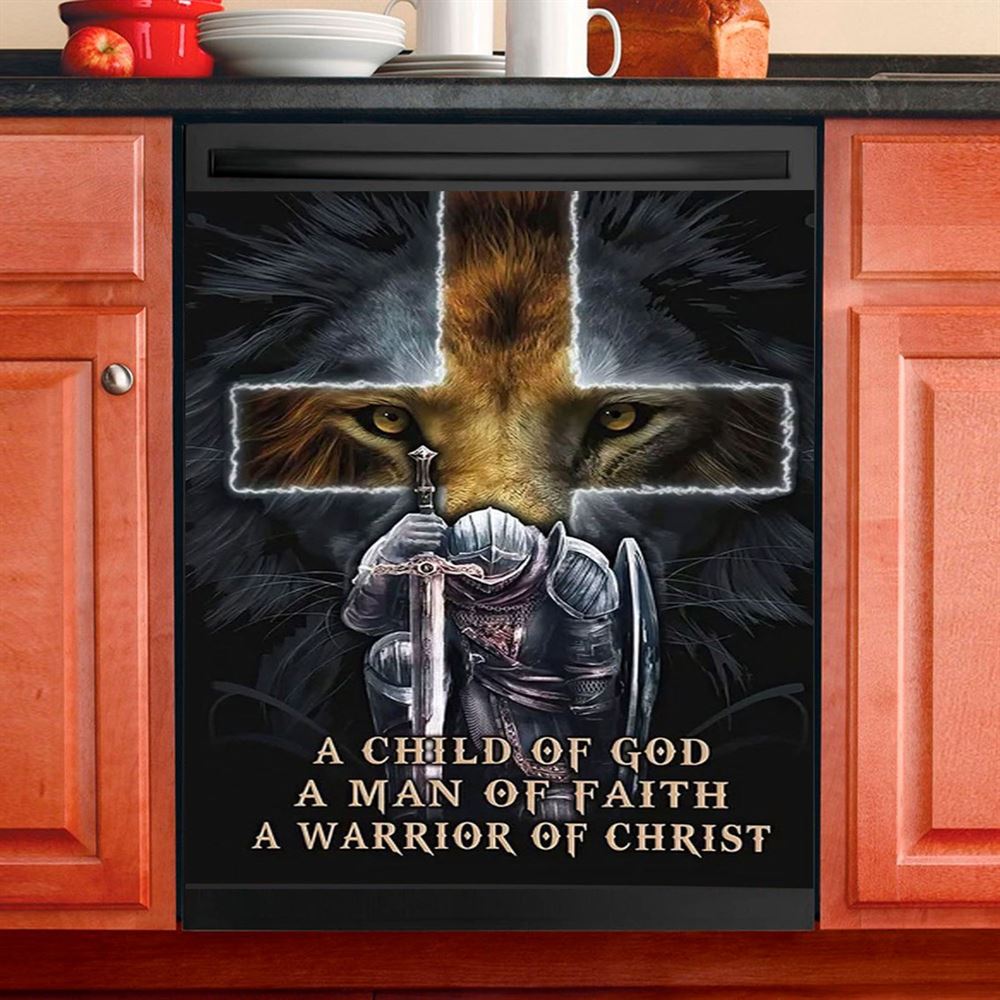 Lion A Child Of God A Man Of Faith A Warrior Of Christ Dishwasher Cover, Christian Dishwasher Wrap, Religious Kitchen Decoration