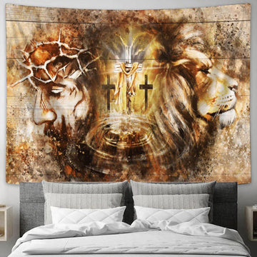 Lion And Jesus Cross Large Tapestry - Christian Tapestry Prints - Religious Tapestry Art