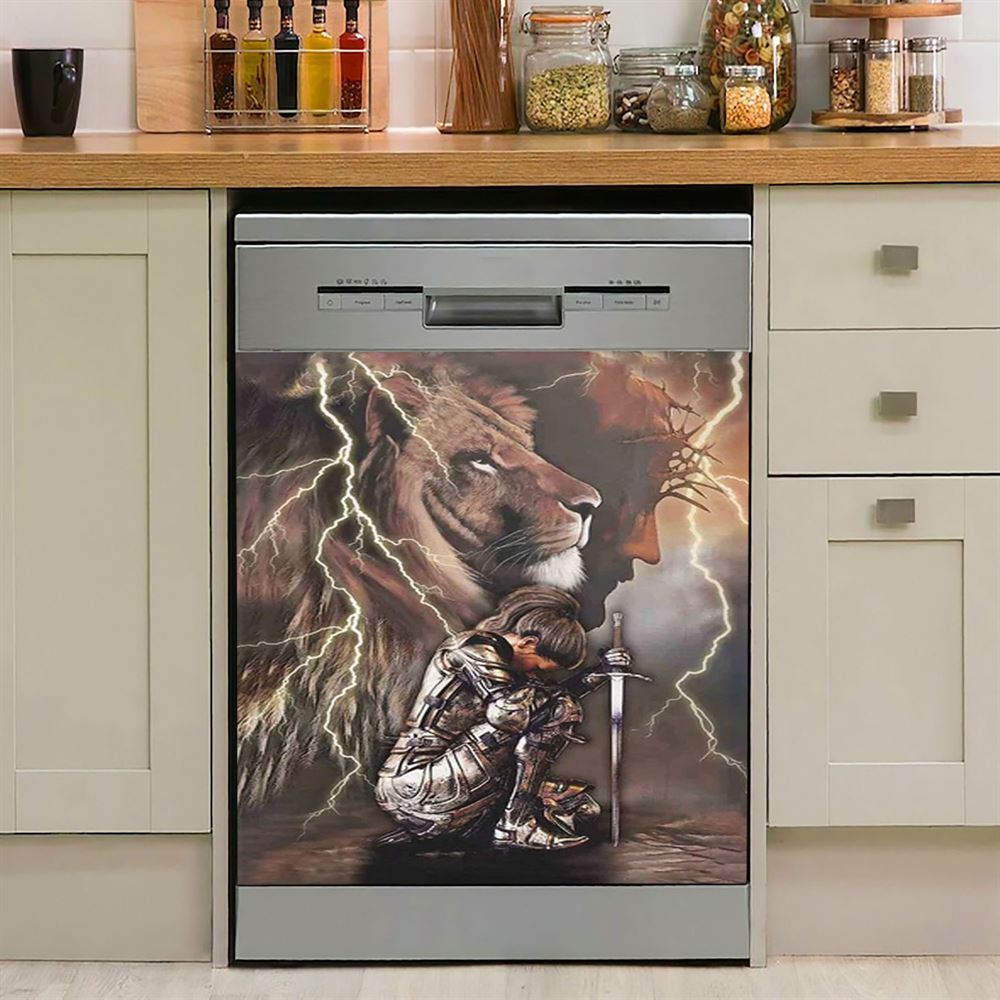 Lion And Knight Jesus Female Warrior Dishwasher Cover, Christian Dishwasher Wrap, Religious Kitchen Decoration