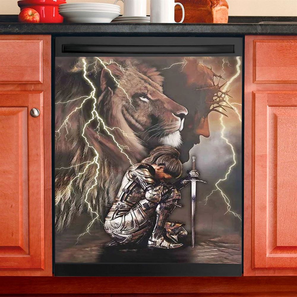 Lion And Knight Jesus Female Warrior Dishwasher Cover, Christian Dishwasher Wrap, Religious Kitchen Decoration