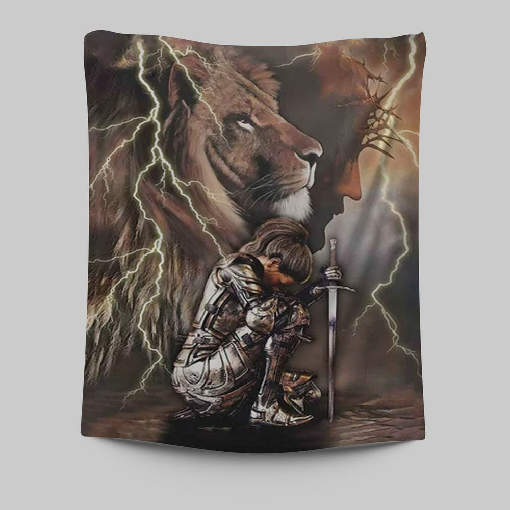Lion And Knight Jesus Female Warrior Tapestry Wall Art -  Christian Indoor Wall Tapestries - Religious Art