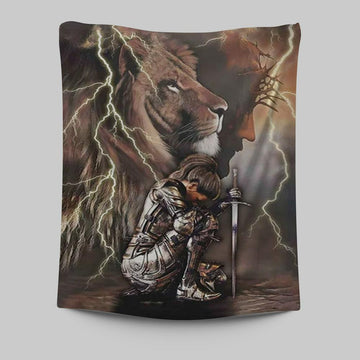 Lion And Knight Jesus Female Warrior Tapestry Wall Art -  Christian Indoor Wall Tapestries - Religious Art