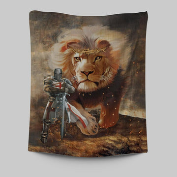 Lion And Knight Templar Jesus Tapestry Prints - Jesus Christ Tapestry Art - Christian Wall Decor