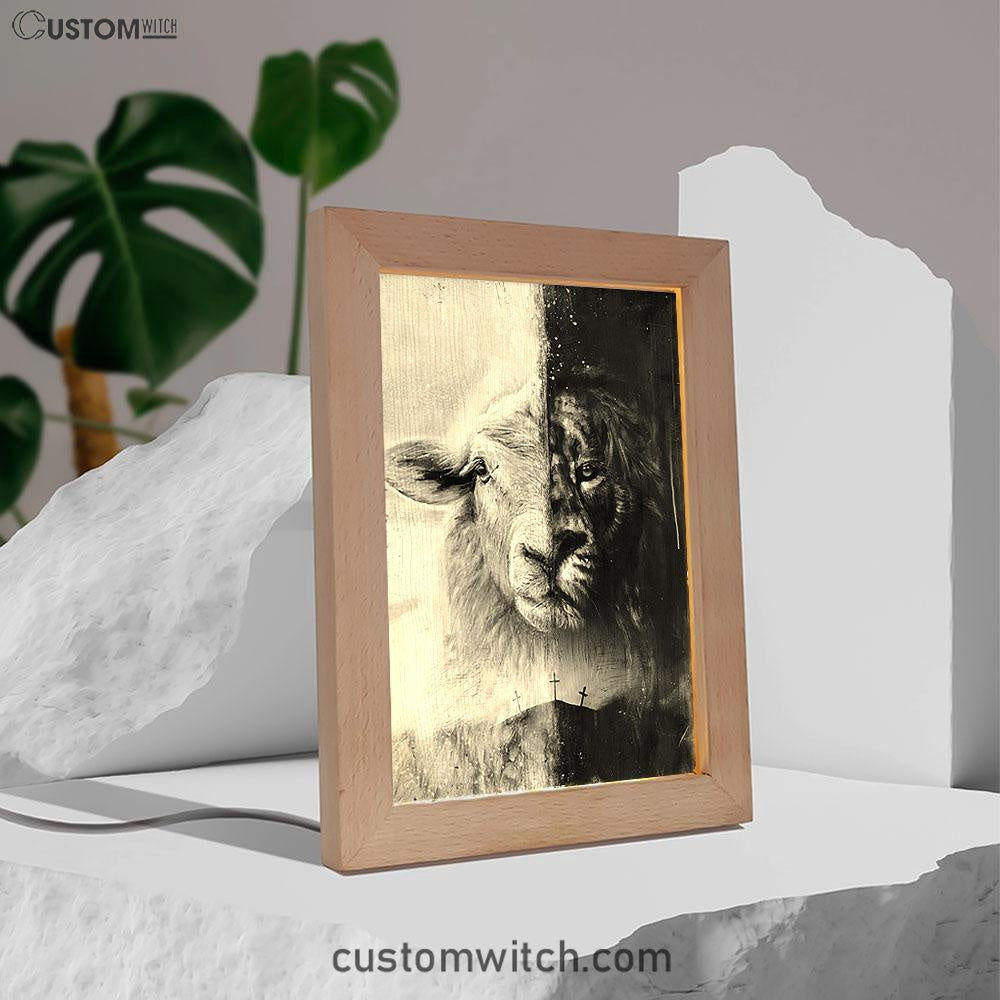 Lion And Lamb Face Frame Lamp - Lion Frame Lamp Print - Christian Art - Religious Home Decor